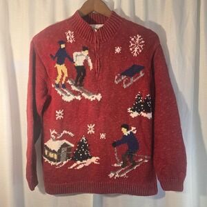 Jones New York Sport Petite P/P Red Ski Scene Quarter Zip Knit Sweater Y2K